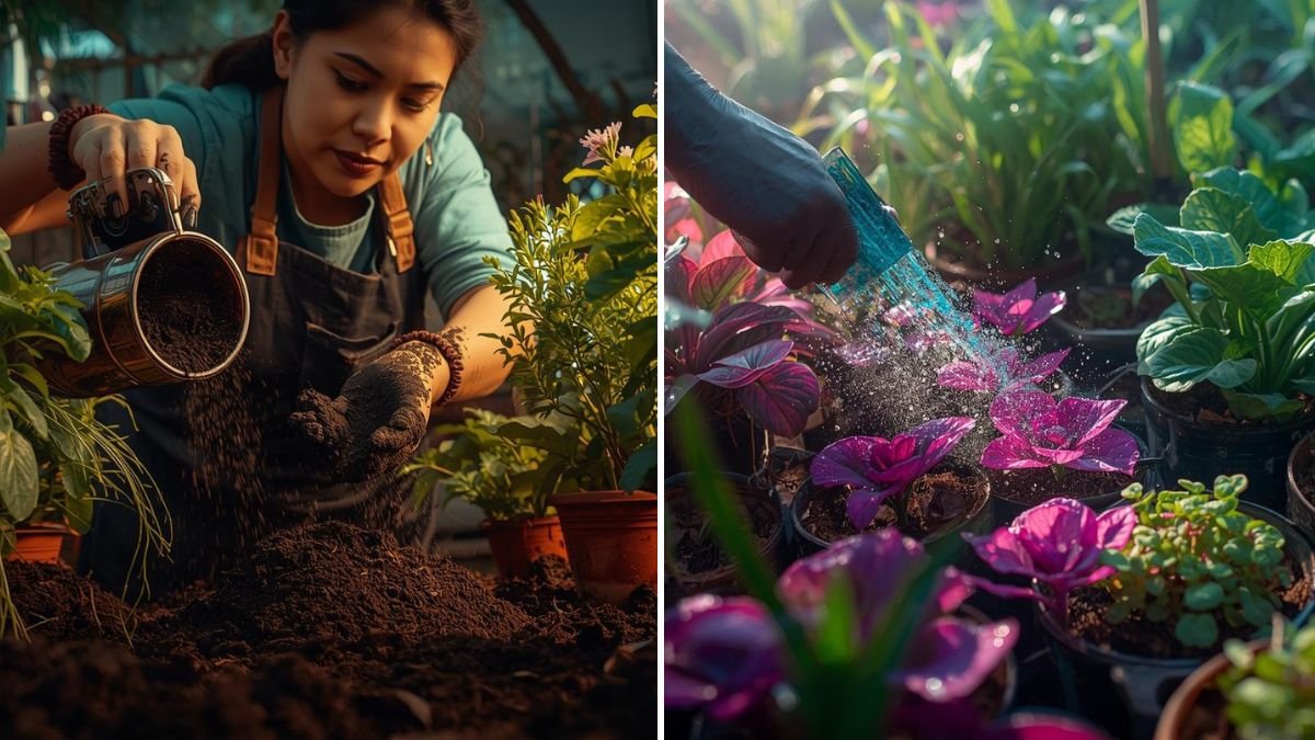 Gardener applying organic fertilizer to potted plants